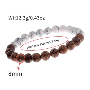 Detail view of 8mm white marble and wood beads bracelet showing 12.2g weight and size