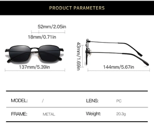 Detailed size chart for square metal sunglasses showing frames and dimensions