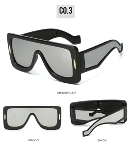 Multi-angle view of square oversized sunglasses with futuristic thick black frames