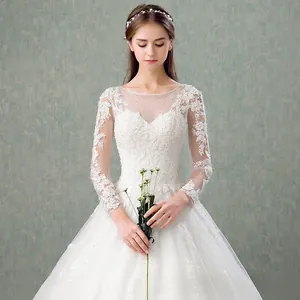 Detail of white long sleeve lace wedding dress featuring high-density floral embroidery