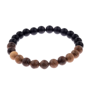 Handmade beaded bracelet featuring matte black beads and textured natural wood beads