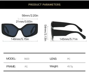 Detailed sizing chart and material specifications for cat-eye polygon sunglasses