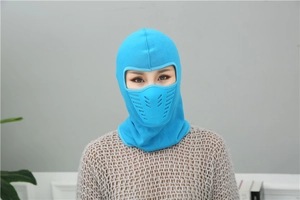 Blue fleece balaclava face mask featuring breathable air flow valve for winter sports