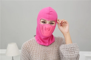Close-up of rose red thermal balaclava with integrated breathing valve for cycling
