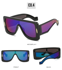 Multi-angle views of futuristic oversized square sunglasses with colorful reflective lenses