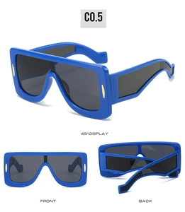 Blue oversized square frame sunglasses with tiered temples and side metal accents