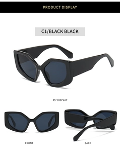 Detailed views of black geometric cat-eye sunglasses with thick frames and dark lenses