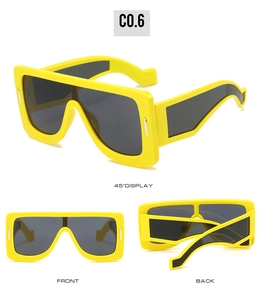 Three-way view of yellow oversized futuristic square sunglasses with dark grey lenses