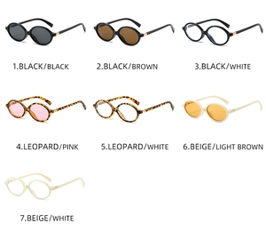Detailed view of oval vintage sunglasses available in seven diverse frame colors with gold hinges