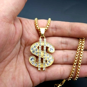 Gold plated hip hop dollar sign pendant necklace with iced out crystals and box chain