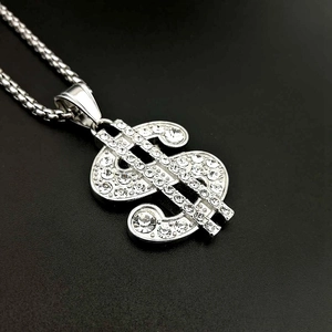 Silver stainless steel box chain necklace with iced out dollar sign pendant for men