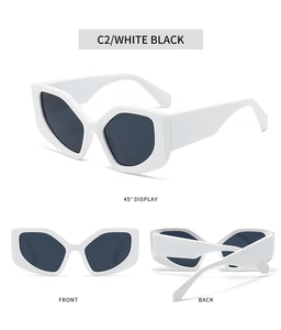 Detailed front and back views of white hexagonal sunglasses with dark black lenses