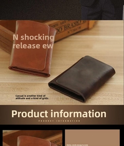 Close-up of brown and dark coffee PU leather wallets displayed on a wooden desk