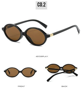 Three-angle view of oval sunglasses showing 45 degree front and back details