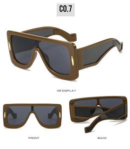 Detailed views of brown square oversized sunglasses featuring a modern flat top design