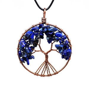 Macro detail of wire-wrapped tree of life pendant with copper wire and blue stones