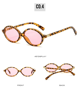 Three-angle view of vintage oval sunglasses with leopard frames and pink lenses