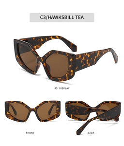 Detailed views of geometric cat eye sunglasses in tortoiseshell tea with chunky temples