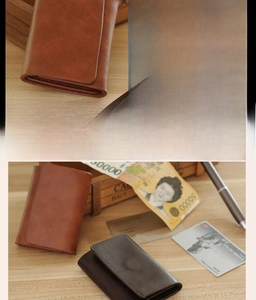 Detail view of brown PU leather men's wallet showing compact dimensions 10x7x1 cm