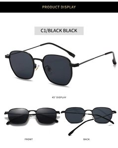 Detailed views of vintage black square metal sunglasses with UV400 lenses and sleek frame