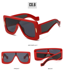 Three views of red oversized square sunglasses with gold rivet accents and dark lenses