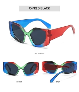 Detailed views of multi-color gradient cat-eye sunglasses with thick polygonal frames