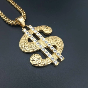 Iced out gold dollar sign pendant necklace with rhinestones and Franco chain for men