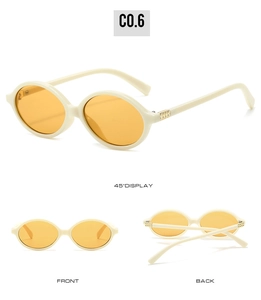 Detail view of oval retro sunglasses with cream frame and yellow lenses from three angles
