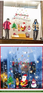 Detailed Christmas window stickers featuring Santa, reindeer, and Merry Christmas text