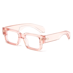 Retro rectangular thick frame eyeglasses in transparent pink for blue light blocking