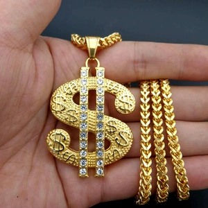 Hip hop style gold plated stainless steel US dollar sign pendant with sparkling rhinestones