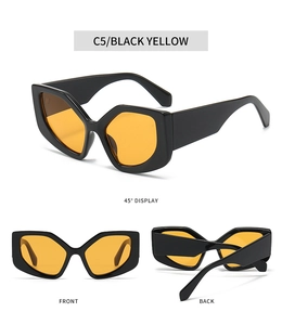 Three-view perspective of chunky hexagonal cat-eye sunglasses with yellow tinted lenses