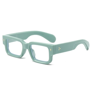 Retro mint green rectangular thick-frame glasses with decorative gold metal rivets