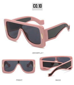 Front and side macro views of square pink oversized sunglasses with dark lenses