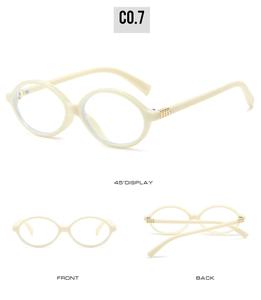 Detailed multi-angle views of cream oval sunglasses with elegant golden rivet accents