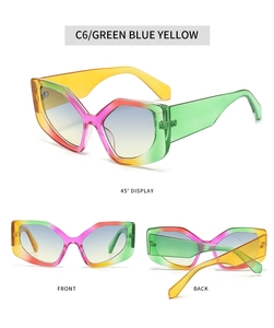 Macro view of geometric cat-eye sunglasses with rainbow gradient frames and blue lenses