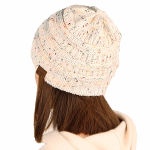 Detail of oatmeal knit beanie with colorful flecks and brown C.C leather brand patch