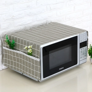 Linen microwave oven dust cover with grey grid pattern, side pockets and lace trim