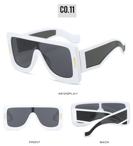 Three-angle view of oversized white square sunglasses with silver rivets and grey lenses