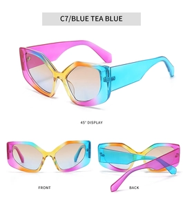 Detailed views of geometric cat eye sunglasses with rainbow gradient frames and tea lenses