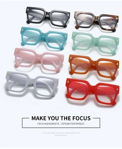 Collection of oversized square frame glasses in eight various colors with gold rivet accents