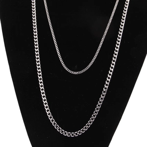 Close-up of double layered 3mm silver stainless steel cuban chain on black jewelry bust