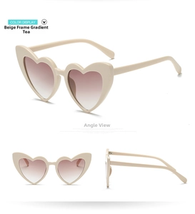 Three-angle view of heart-shaped sunglasses in beige frame with gradient tea lenses