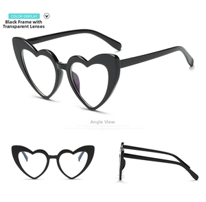 Detailed views of heart-shaped sunglasses with black frames and clear lenses from multiple angles