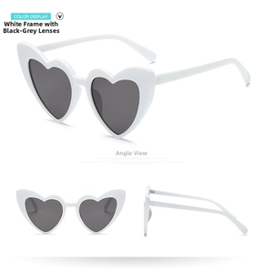 Detailed views of white heart-shaped sunglasses with dark grey lenses from multiple angles