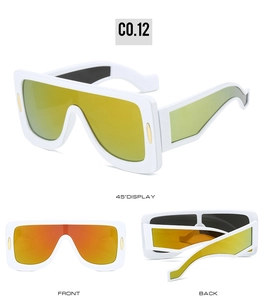 Three views of white oversized futuristic sunglasses with yellow-orange mirrored lenses
