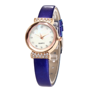 Elegant women's quartz watch with rose gold diamond case and blue leather strap