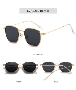 Three perspectives of retro hexagonal metal sunglasses in gold and black showing front and side