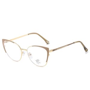 Cat eye glasses frame with gold and brown metal finish and anti blue light lenses