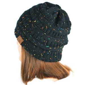 Close-up of black chunky knit beanie with colorful speckles and brown C.C leather patch